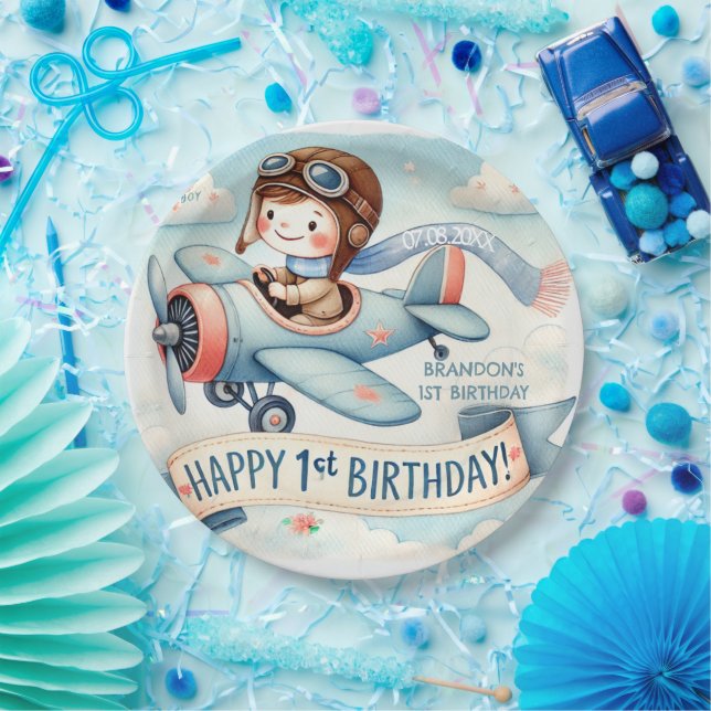 Aeroplane Boy 1st Birthday Party  Paper Plate (Party)