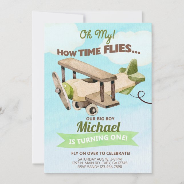 Aeroplane boy 1st first birthday invitation. invit invitation (Front)