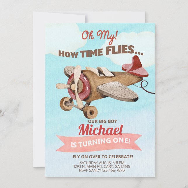 Aeroplane boy 1st first birthday invitation. invitation (Front)