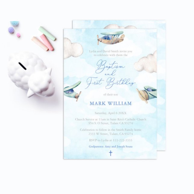 Aeroplane Boy Baptism 1st Birthday Party Invitation (Creator Uploaded)