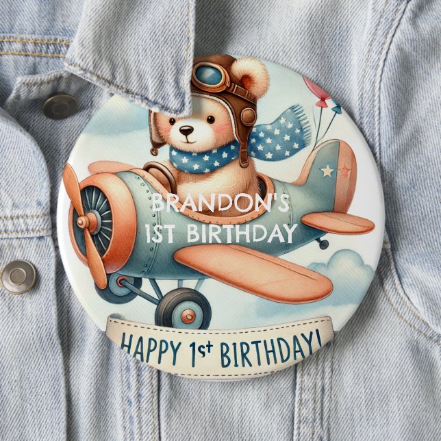 Aeroplane Boy Bear 1st Birthday Party  6 Cm Round Badge (In Situ)