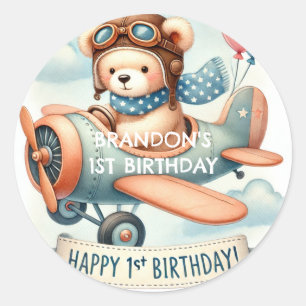 Aeroplane Boy Bear 1st Birthday Party Classic Round Sticker