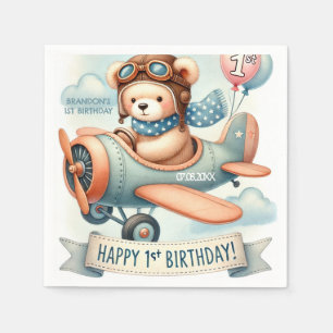 Aeroplane Boy Bear 1st Birthday Party  Napkin