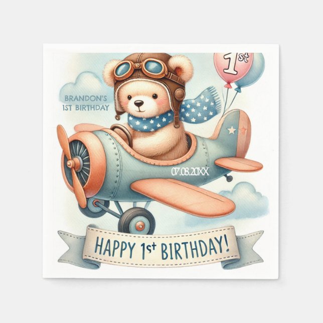 Aeroplane Boy Bear 1st Birthday Party  Napkin (Front)