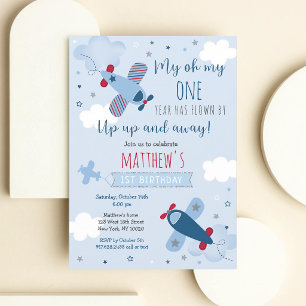 Aeroplane Boy First Birthday Blue Red Invitation