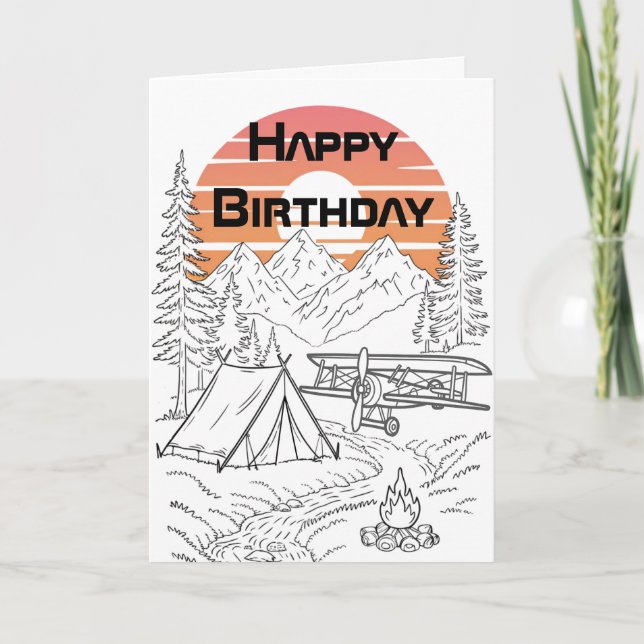 Aeroplane Camping, Mountains, Sunset, Birthday Card (Front)