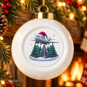 Aeroplane Christmas Santa Hat Pilot Aviation Xmas Ceramic Ball Christmas Ornament