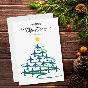 Aeroplane Christmas Tree Family Photo Minimalist Holiday Card