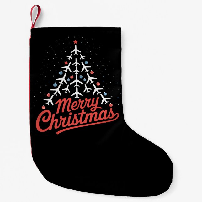 Aeroplane Christmas Tree Pilot Small Christmas Stocking (Front)