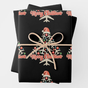 Aeroplane Christmas Tree Pilot Xmas Holiday Family Wrapping Paper Sheet