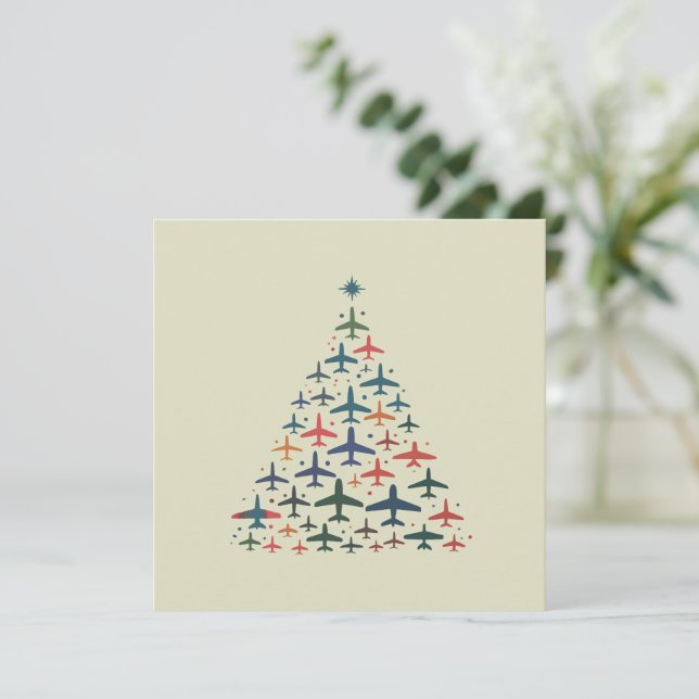 Aeroplane Christmas Tree Retro Pilot Flying Flight Holiday Card (Standing Front)