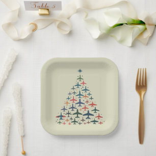 Aeroplane Christmas Tree Retro Pilot Flying Flight Paper Plate