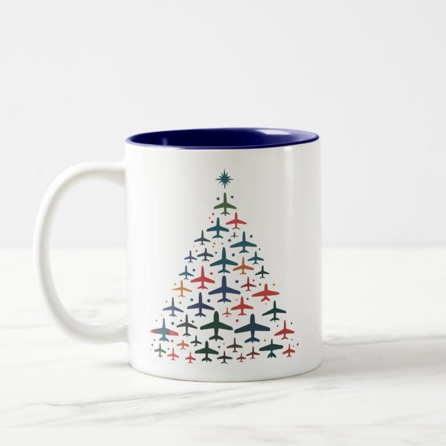 Aeroplane Christmas Tree Retro Pilot Flying Flight Two-Tone Coffee Mug (Left)