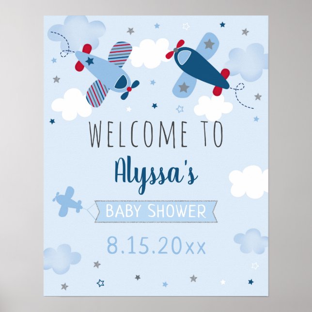 Aeroplane Clouds Baby Shower Welcome Poster (Front)