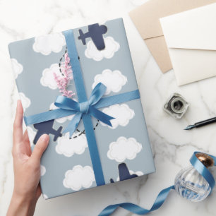 Aeroplane Clouds Pattern Blue Sky Wrapping Paper