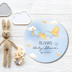 Aeroplane,Clouds & Stars, Blue, Baby Boy,Cute  Classic Round Sticker