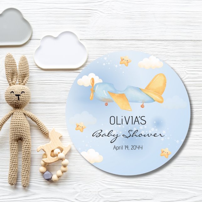 Aeroplane,Clouds & Stars, Blue, Baby Boy,Cute  Classic Round Sticker (Creator Uploaded)