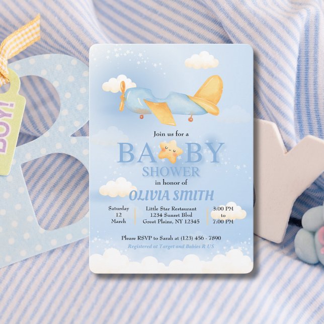Aeroplane,Clouds & Stars, Blue, Baby Boy,Cute  Invitation (Creator Uploaded)