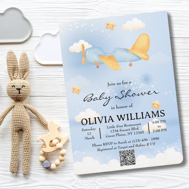 Aeroplane,Clouds & Stars, Blue, Baby Boy,Cute  Invitation (Creator Uploaded)