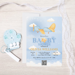 Aeroplane,Clouds & Stars, Blue, Baby Boy,Cute Invitation