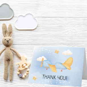 Aeroplane,Clouds & Stars, Blue, Baby Boy,Cute Thank You Card