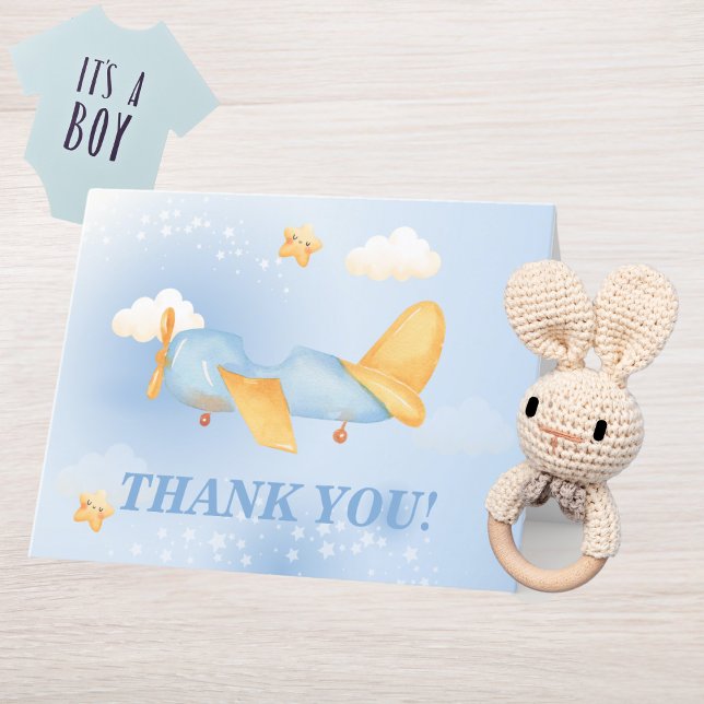 Aeroplane,Clouds & Stars, Blue, Baby Boy,Cute  Thank You Card (Creator Uploaded)