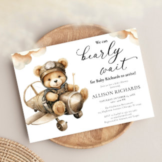 Aeroplane cute teddy bear boy baby shower invitation