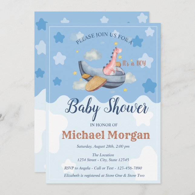 Aeroplane Dino Clouds It's a BOY Baby Shower  Invitation (Front/Back)