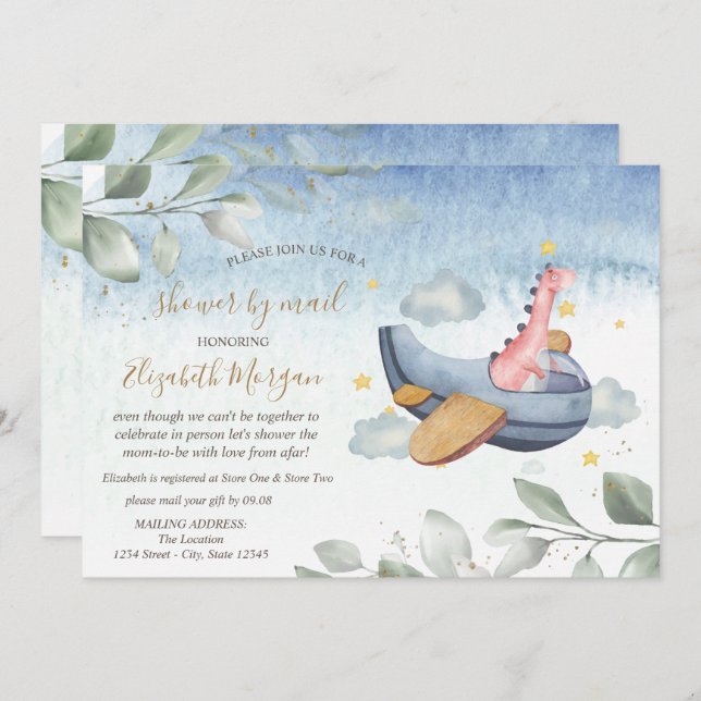 Aeroplane Dino Virtual Baby Shower By Mail  Invitation (Front/Back)