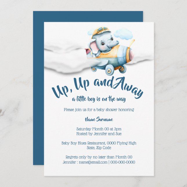 Aeroplane elephant baby shower boys blue safari  invitation (Front/Back)