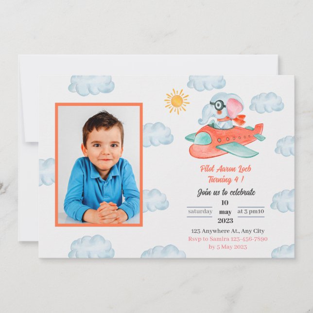 Aeroplane elephant birthday party Invitation (Front)