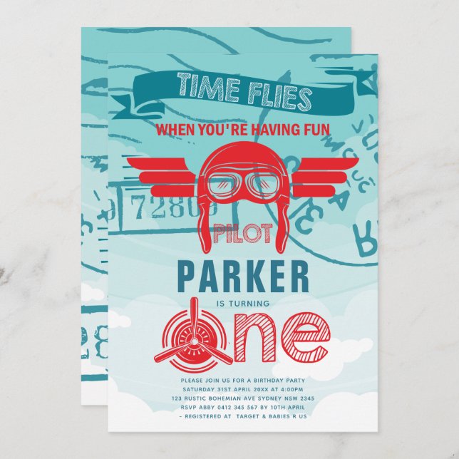 Aeroplane First Birthday Party Invitation (Front/Back)