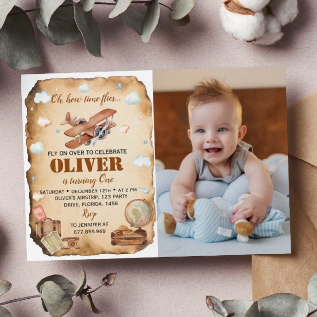 Aeroplane First Birthday Photo Invitation (Creator Uploaded)