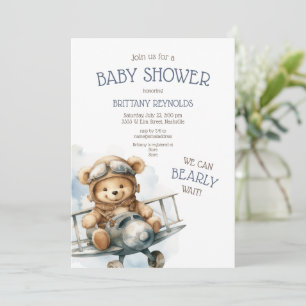 Aeroplane Flying Bear Blue Baby Shower Invitation