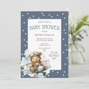 Aeroplane Flying Blue Bear Baby Shower Invitation