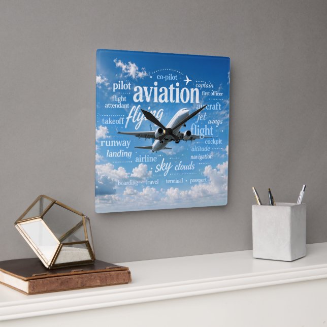 Aeroplane Flying in a Word Cloud Square Wall Clock (Office)