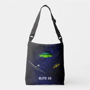 Aeroplane, flying saucers & galaxy background crossbody bag