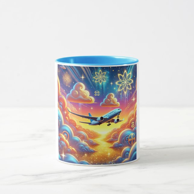 Aeroplane Flying Through Colourful Sky Mug (Center)