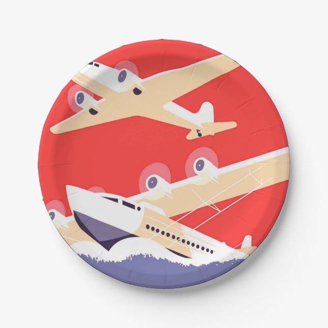 Aeroplane Flying Vintage WPA Colourful Paper Plate (Front)