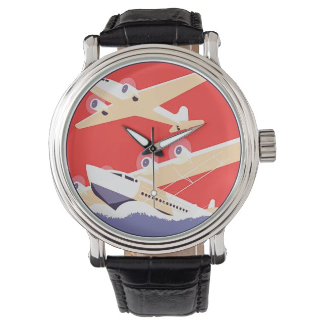 Aeroplane Flying Vintage WPA Colourful Watch (Front)