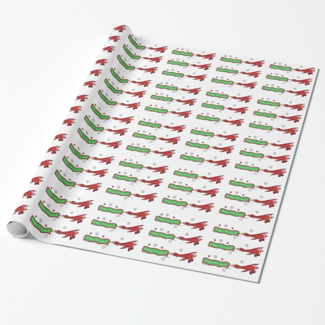 Aeroplane Happy Holidays Christmas Wrapping Paper (Unrolled)