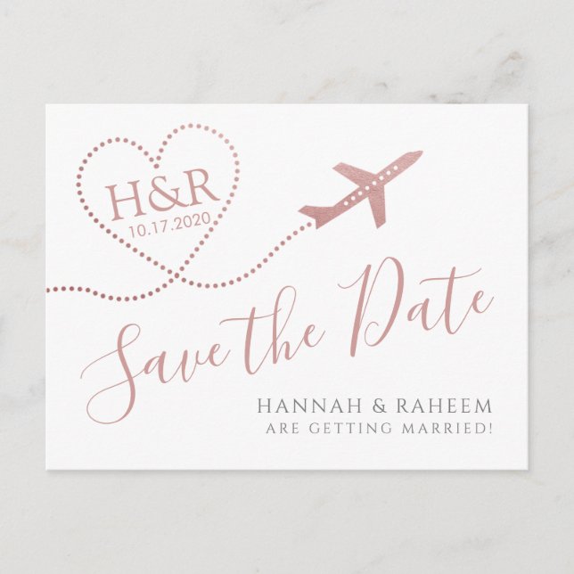 Aeroplane Heart Pink Destination Wedding Save Date Announcement Postcard (Front)