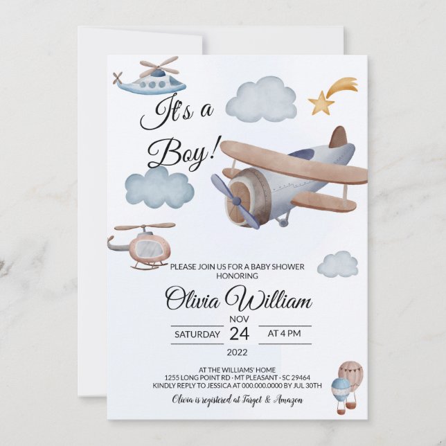 Aeroplane It's a Boy Baby Shower Invitation (Front)