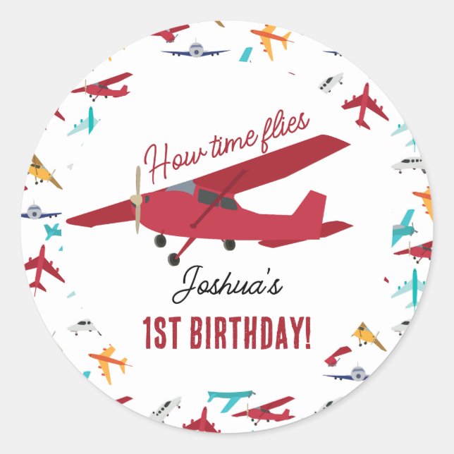 Aeroplane Kids 1st Birthday Party Time Flies Classic Round Sticker (Front)