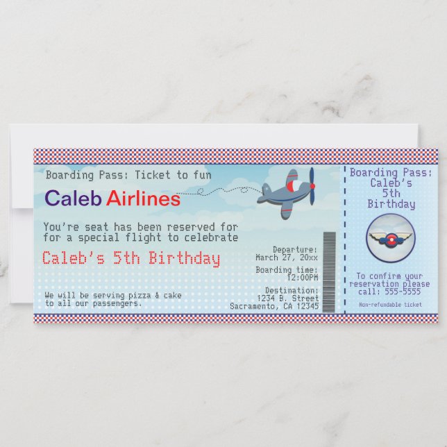 Aeroplane Kids Airline Ticket Birthday Invitations (Front)