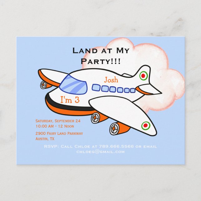Aeroplane Land at My Birthday Party Blue Invitatio Invitation Postcard (Front)