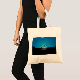 Aeroplane Landing Silhouette at Night  Tote Bag