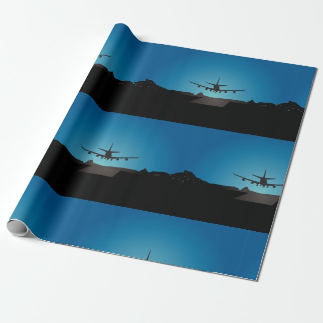 Aeroplane Landing Silhouette at Night  Wrapping Paper (Unrolled)