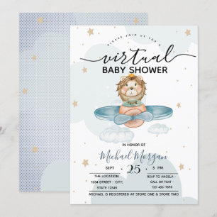 Aeroplane Lion Clouds Dots Virtual Baby Shower Invitation