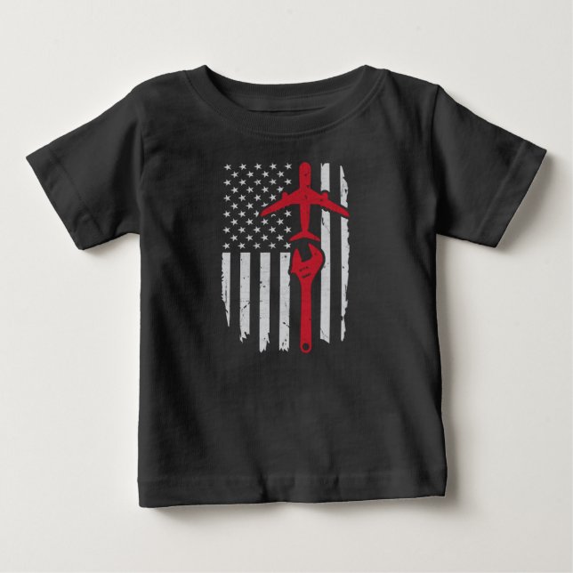 Aeroplane Mechanic Apparel Aircraft American Flag Baby T-Shirt (Front)